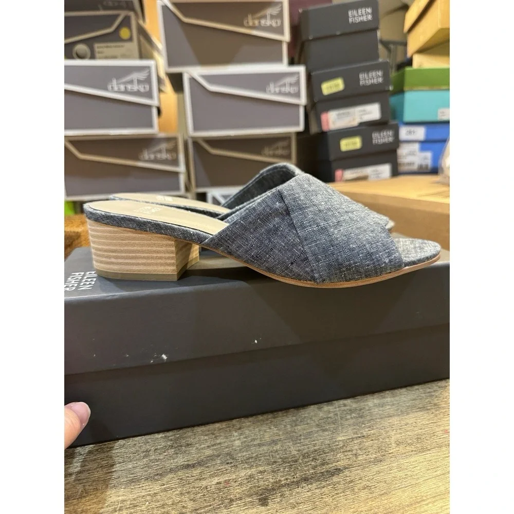 Eileen Fisher Ruche Mule Sandals Chambray‎ Blue Denim Block Heel Comfort Size 7